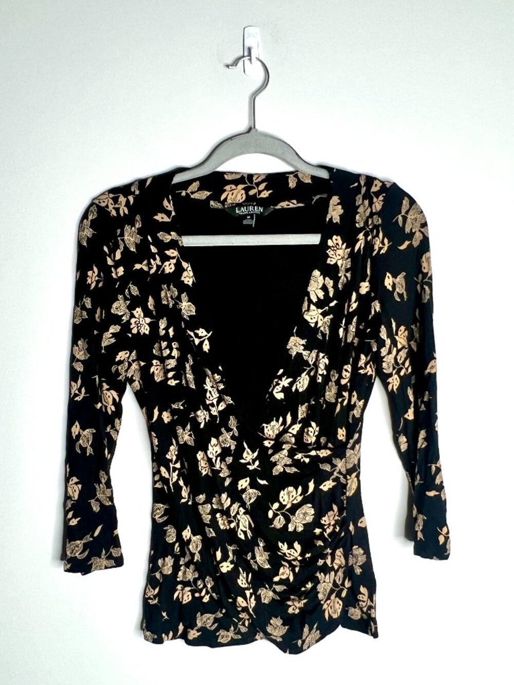 Lauren Ralph Lauren Gold Floral Surplice Wrap Stretch Jersey Top Preppy Sz M